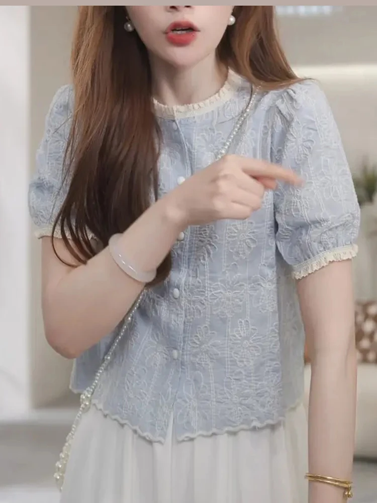 

Blue Lace Trim irt Design Sensation Summer New Sle Premium Feel Slimming Top Korean Version Loose Fit round Ne ort Sl...