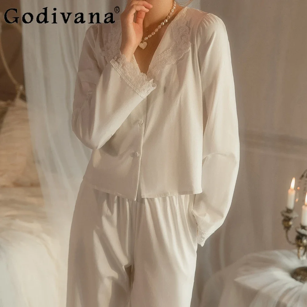 

French Lace Pajamas Sets Women's Autumn 2024 New Cotton Court Sleepwear Casual Elegance Nightgowns