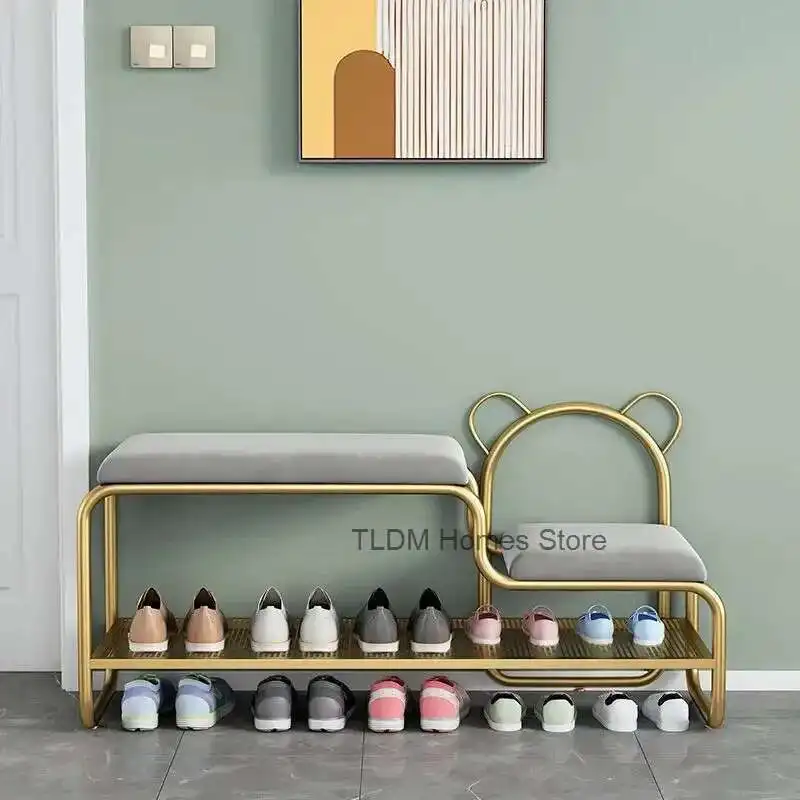 

Nordic Metal Shoe Rack Household Living Room Door Double-Layer Shoe Cabinet 2-In-1 Shoe Stool Sofa Stool Shoe Organizer