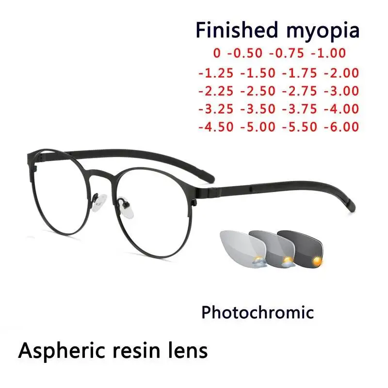 

Photochromism Eyeglasses Retro Round Alloy Frame Myopia Glasses Outdoor UV Protection Diopter -0.5 -1.0 -1.5 -2.0 To -6.0