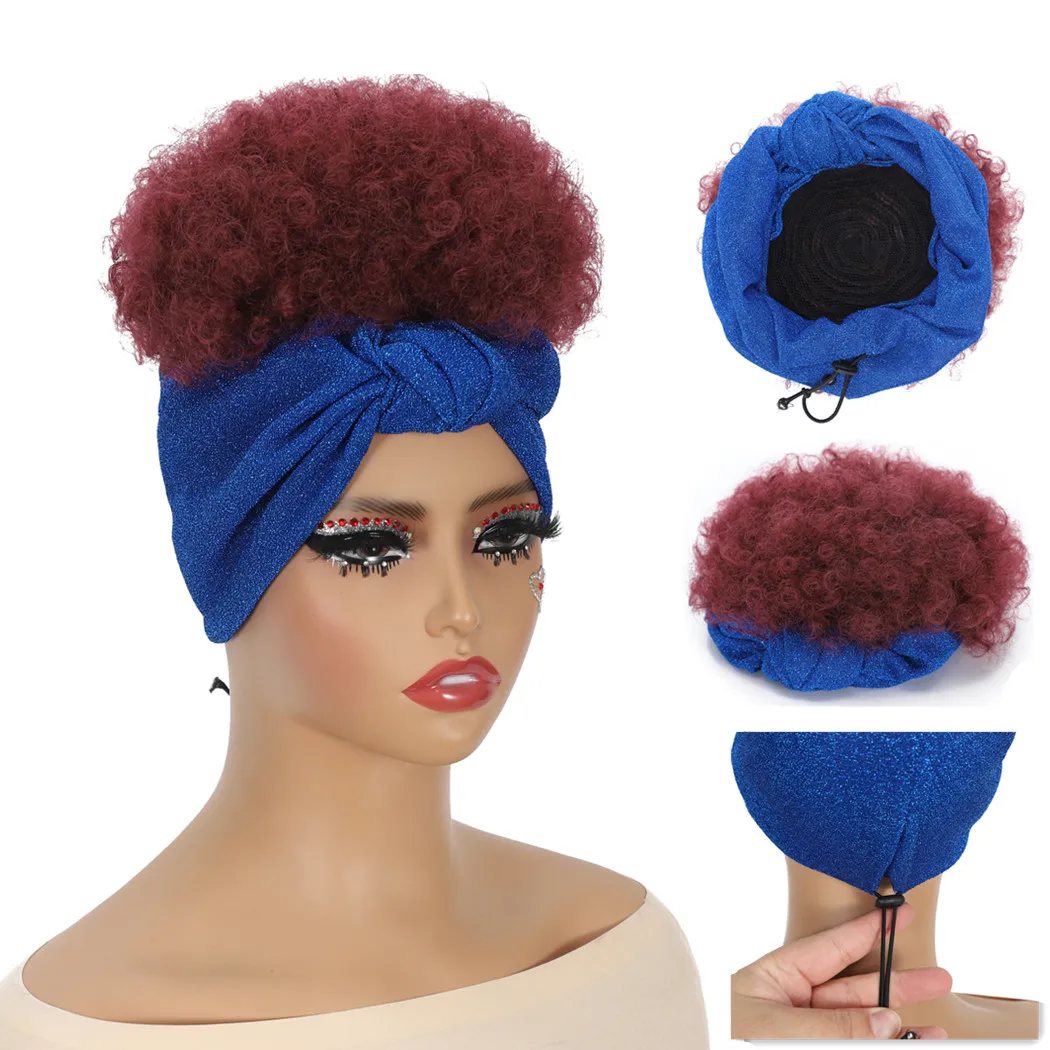 

Short Wig Synthetic Afro Curly Headband Wigs for Women High Temperature Fiber Synthetic Hair Wigs for Daily Use Blue Headband