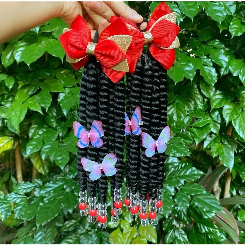 2pack Kids Twist Ponytail Hair  Extensions, Braids with Beads Hair Bows Butterflies Synthetic Wig for Black Girls