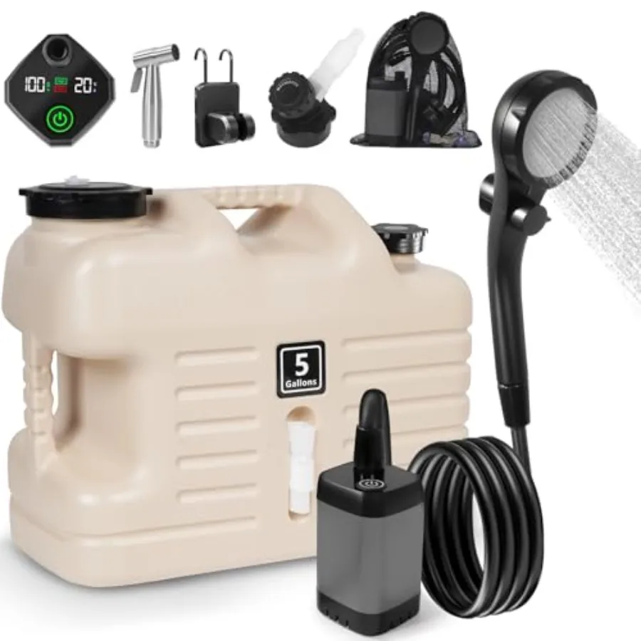 

Portable Camping Shower with 5 Gallon Water Jug 6000mAh Rechargeable Outdoor Camping Shower Kit IPX7 Waterproof Pump BPA Free W