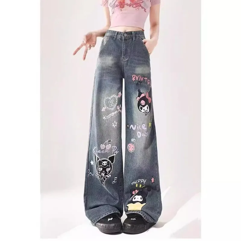 

Sanrio Kuromi New Graffiti Jeans For Women High Waisted Wide Leg Demin Pants Y2k Girls Hip Hop Gothic Emo Jeans Korean Style Yk2