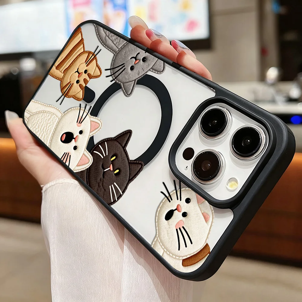 Cute Faux Embroidery Cat Phone Case For iPhone 15 16 12 14 11 17 13 Pro Max Air With Lanyard Wireless Charging Protective Cover view 5