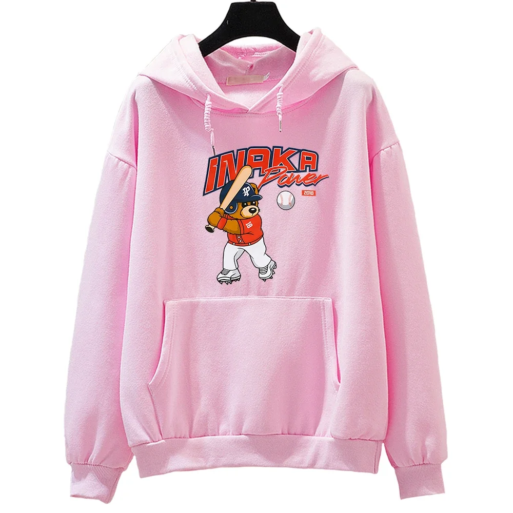 Power Bear Aesthetic Hoodies Women Cartoon Play Baseball Printed Sweatwear Couples Clothing Kawaii/Cute Blouse Sense of Design