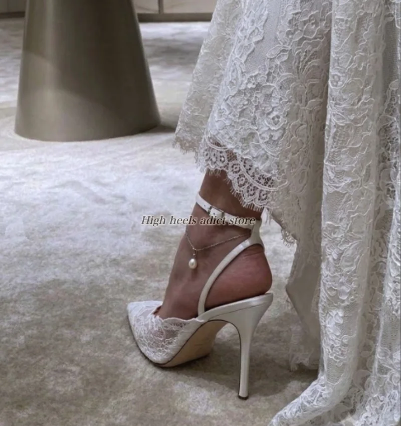 White embroidery lace summer sandals pointy toe ankle strap high heels party luxury desiner leather party wedding shoes on offer