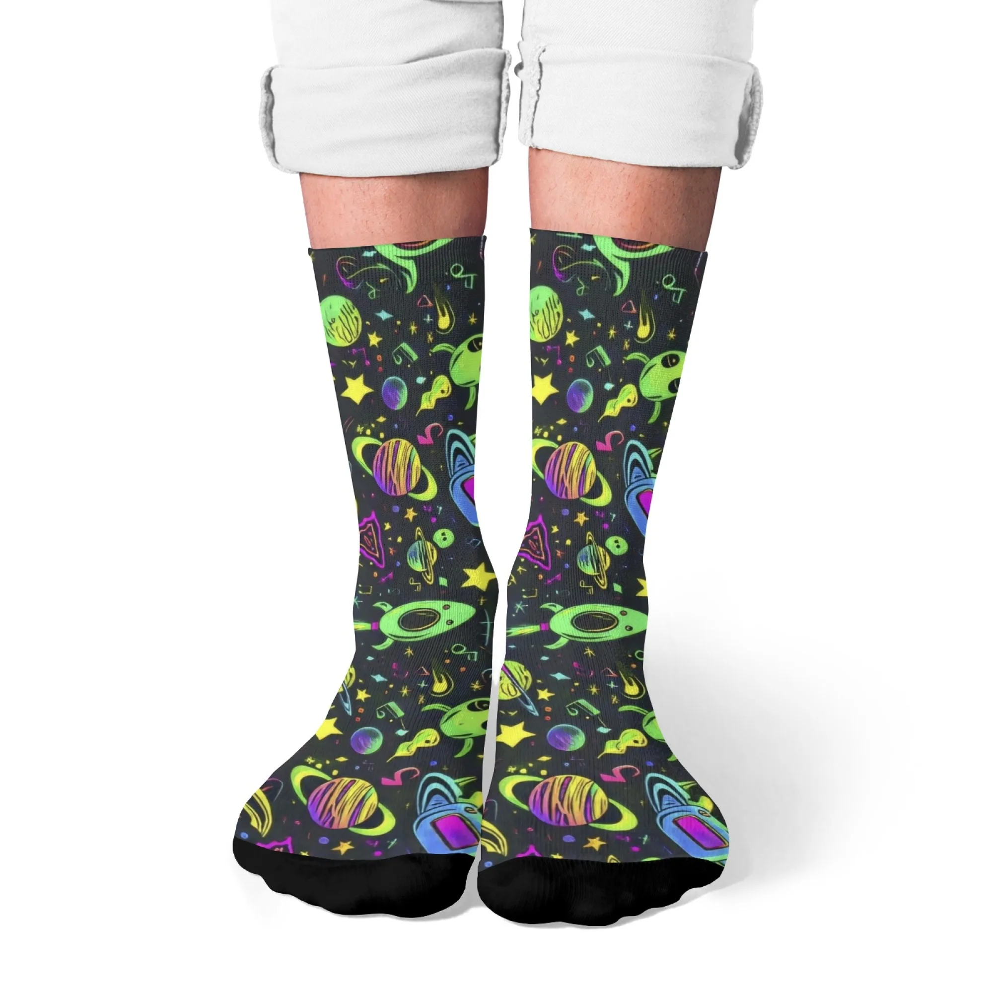 

Whimsical Neon Space Explorer Crew Socks Retro Aliens Planets & Rockets Print Socks for Adults with Childlike Imagination