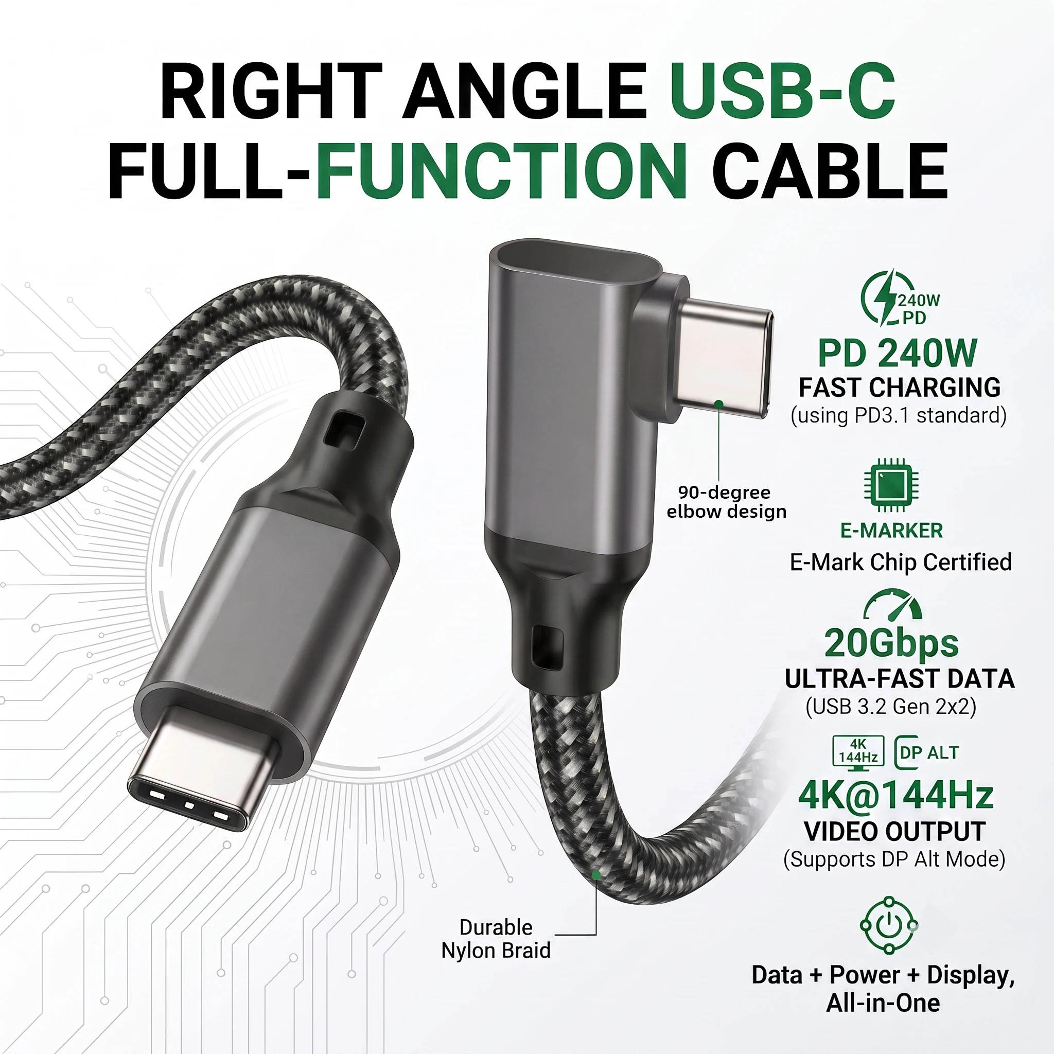 USB3.2 Gen2x2 Cable 20 Gbps Data Cable 4K@120Hz Monitor Display Cable 90 Degree USB C to USB C Cable for Hub Dock MacBook SSD