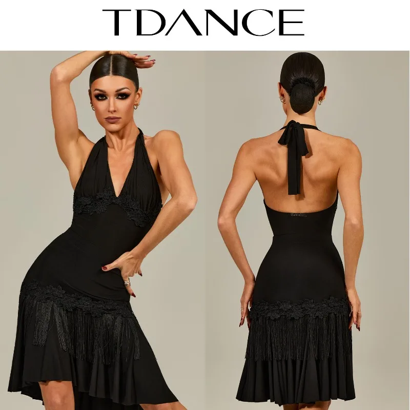 

Customized TDANCE Women's Latin Dance [Ribbon Hanging Neck Strap Jumpsuit] Lace Adult Performance Class Dress GL-241