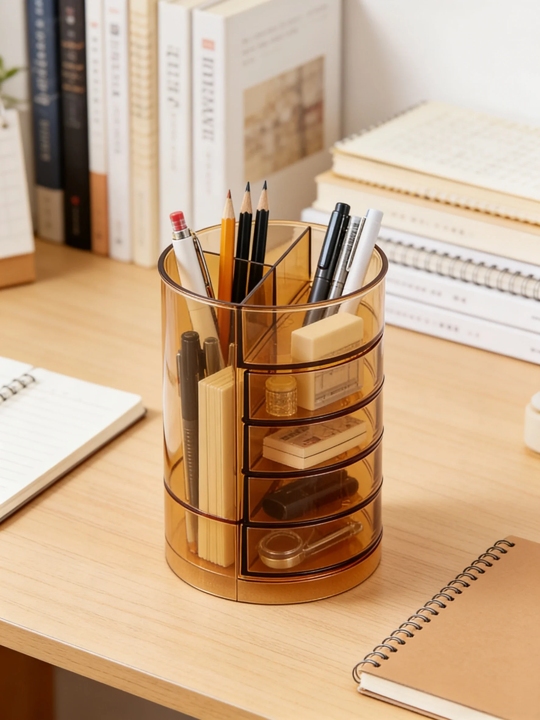 Huajie H168 Classic Tea Color Pen Holder Multifunctional Plastic Desk Storage Box Office School Stationery Organizer