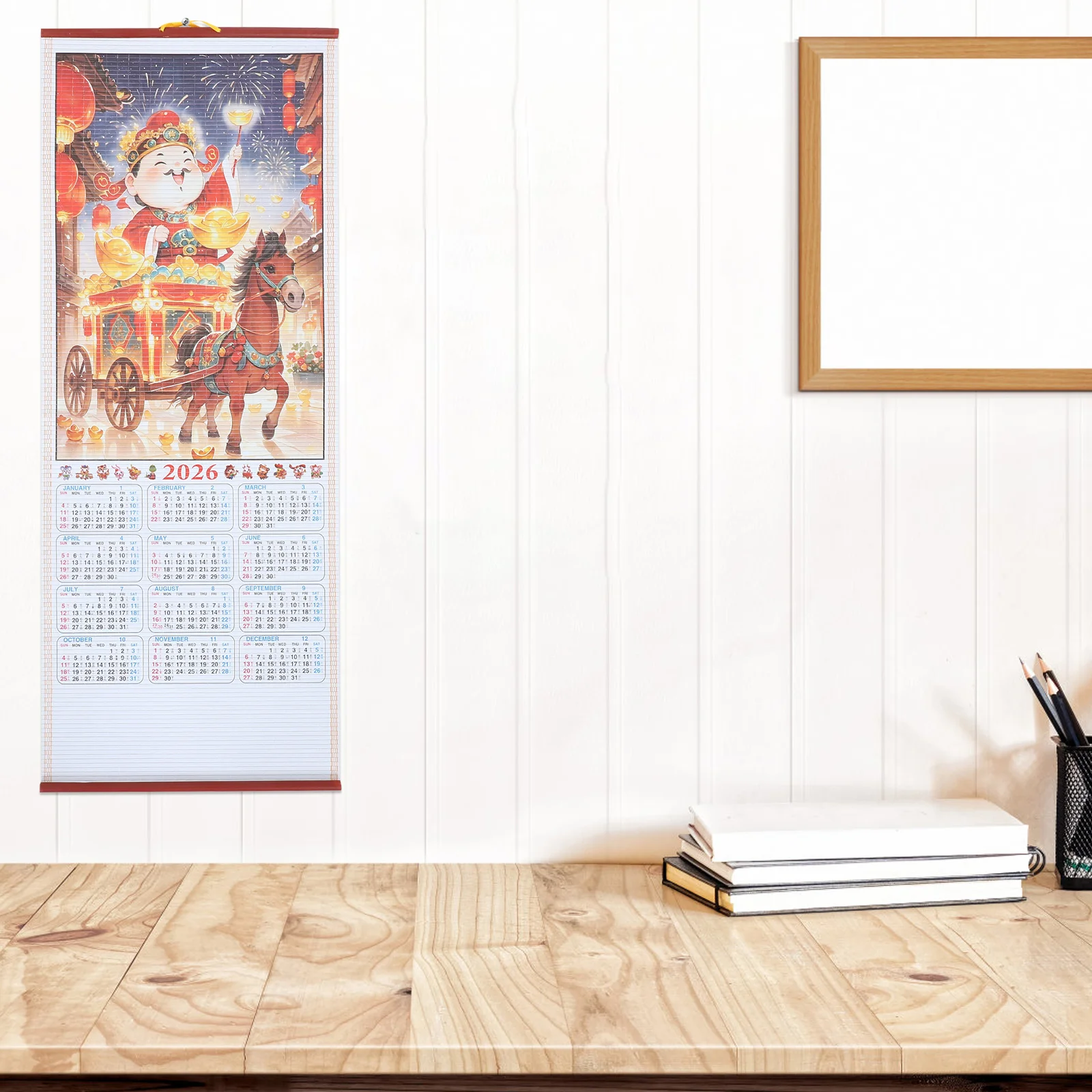 

2pcs 2026 Chinese Wall Scroll Horse Year Faux Rattan Hanging Traditional Lunar Zodiac Decorative Hanging Calendar Feng Shui Wall