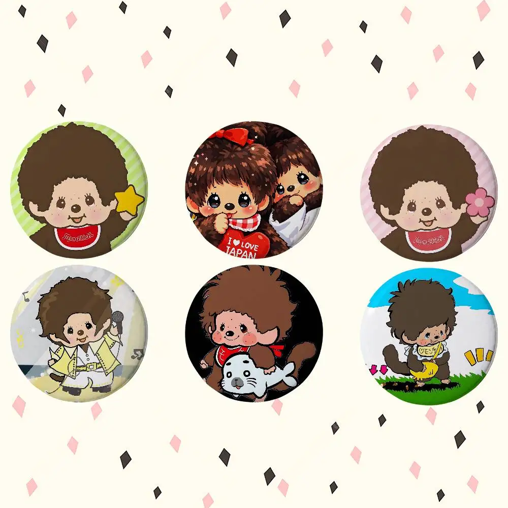 Cartoon M-Monchhichi Premium Tinplate Round Lapel Pins: Cute Badge Brooches For Shoulder Bag Accessories, Souvenir Gifts