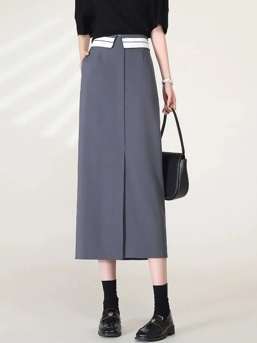 LOUIS YAO Women Skirt 2024 Spring New Straight Office Lady Casual Skirt with Detachable Girdle Gray Black Skirt