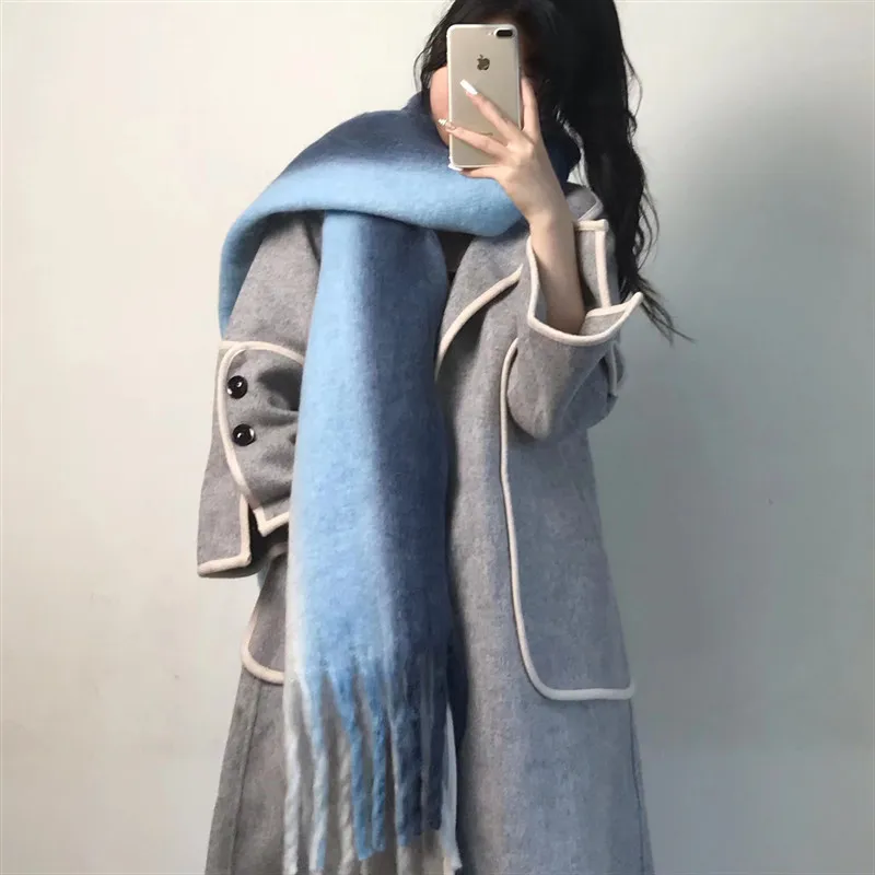 Autumn and Winter 2022New Color Contrast Stripe Warm Women's Scarf Thickened Gradually Colored Mohair Rainbow Color Overlay Cape