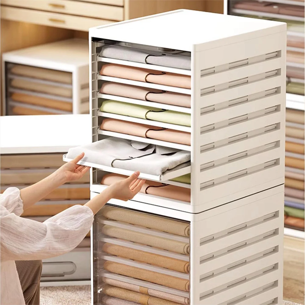 Shirts Stacked Classified And Stored In Plastic Transparent Visible Storage Box Finishing Shelf  Partition Board Organizer