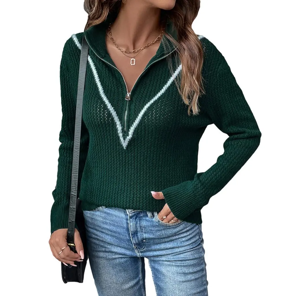 

Retro Dark Green Lapel Knitted Pullover Sweater with Contrast Color Zipper Half Placket for Women Autumn Winter New Arrival