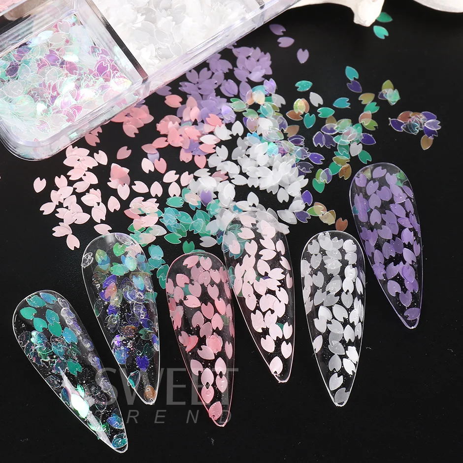 6 Grids Sakura Flower Petal Chip Nail Sequins Cherry Blossoms Glitter Stickers Spring Japanese Holographic Decor Flakes SAS128