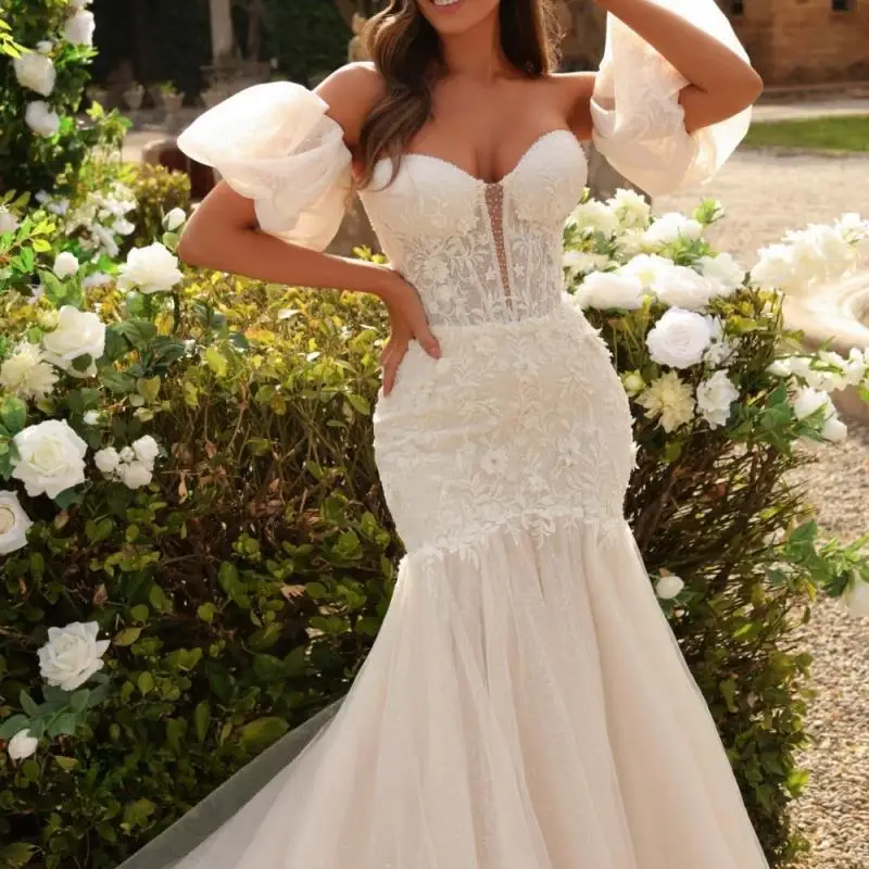 

Customized Lace Mermaid Wedding Dress Floral Applique Beading Short Sleeve Vestido De Novia Bridal Robe De Mariee