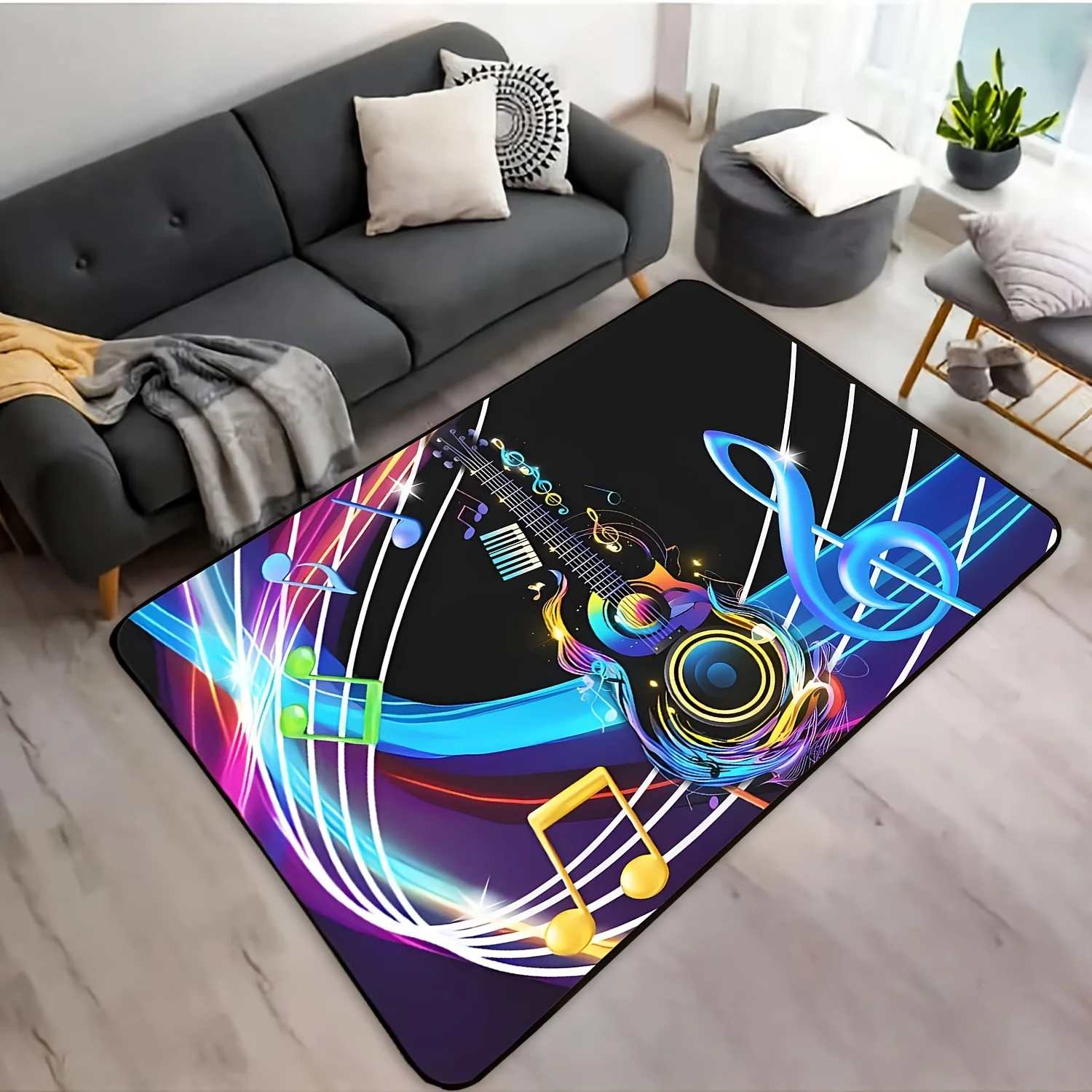 Vibrant Neon Music Guitar Print Mat Rug Area Floor Decor Living Room Musical Notes Pop Art Style Gaming Console Mat Runner