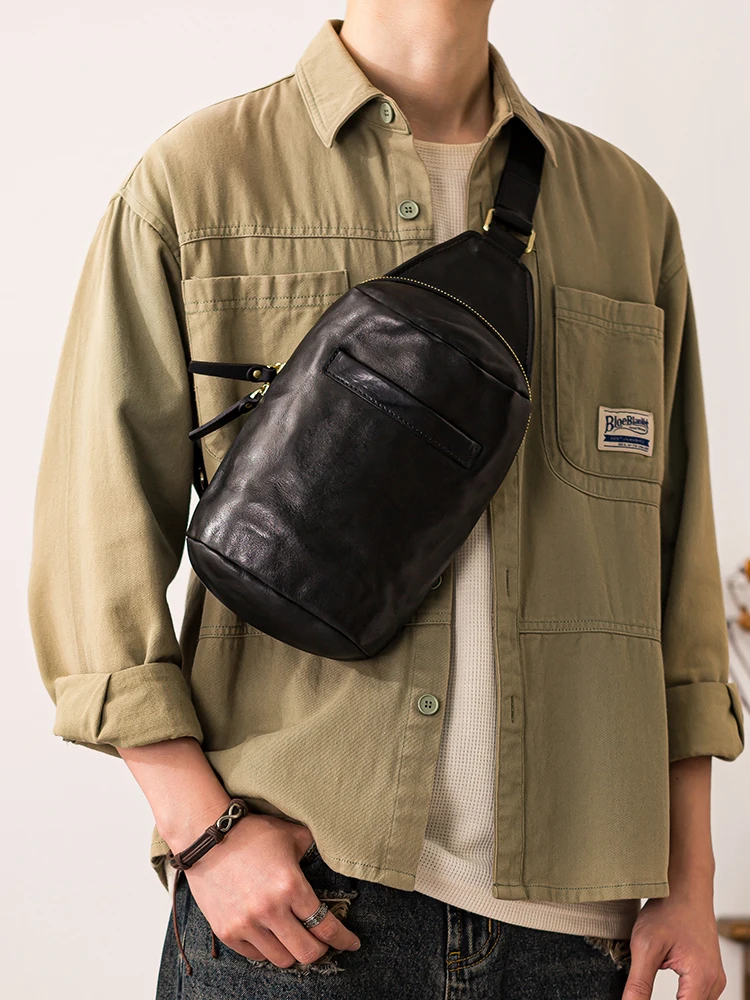 Organizers designers handmade tanned cowhide men's chest bag fashion vintage luxury genuine leather motorcycle crossbody bag