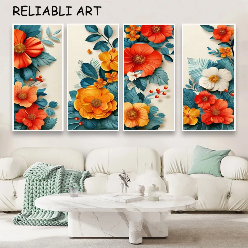 4pcs Red Yellow Flower Poster and Prints,Nordic Style Canvas Painting, Wall Art Pictures for Living Room, Home Decor, No Frame