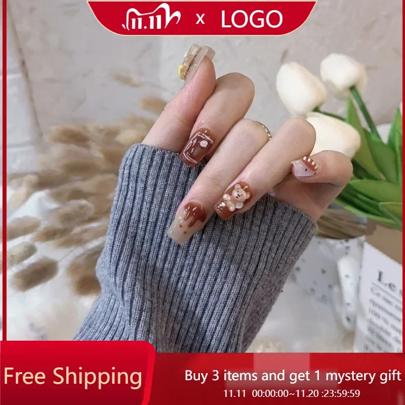 

10pcs 3D Cartoon Bear Donut Design False Nails Handmade Medium Square Chocolate Hat Bear Press-On Nail Set for Women and Girls