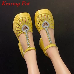 Krazing Pot Cow Leather Platform Peep Toe Summer Love Crystal Buckle Dating Buckle Straps Super Thick High Heels Sandals Women