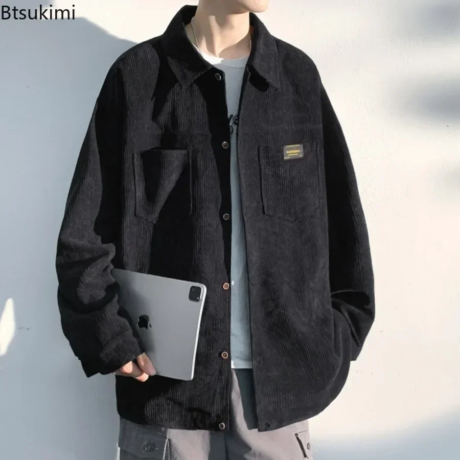 2024 Men\'s Fashion Harajuku Corduroy Long-sleeved Shirt Retro Style Loose Casual Shirt Coats Oversized Cardigan Men Cargo Jacket