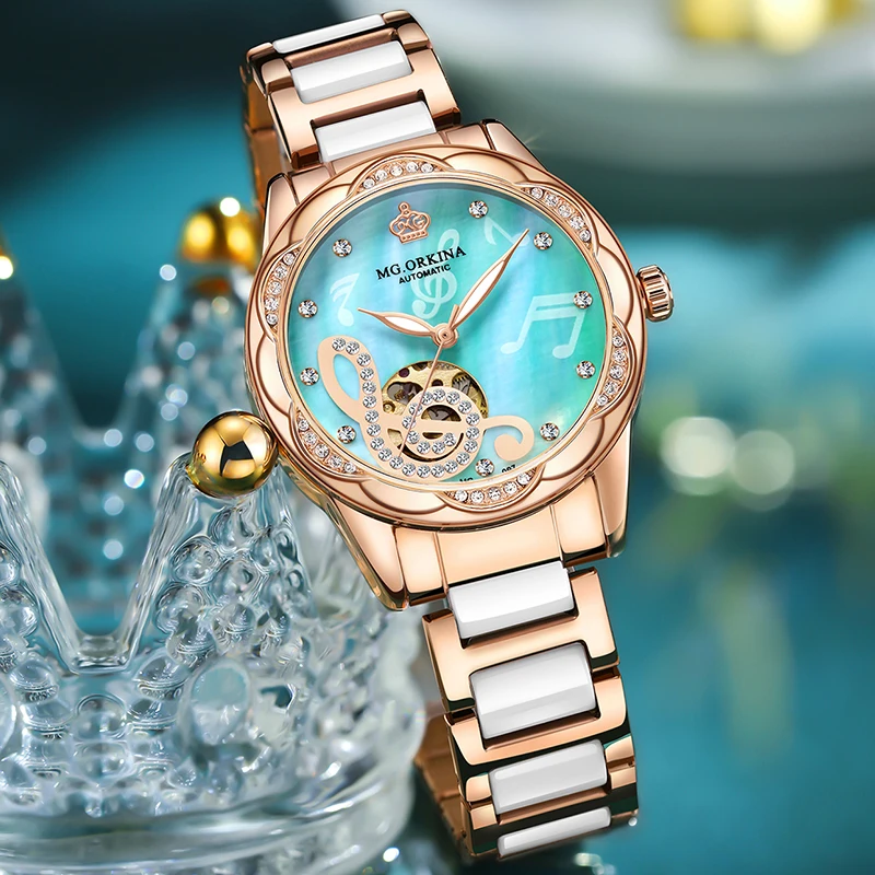 Luxury Mechanical Watch for Ladies Unique Skeletonized Musical Note Rhinestones Dial Stainless Steel Ceramic Strap Woman Gifts