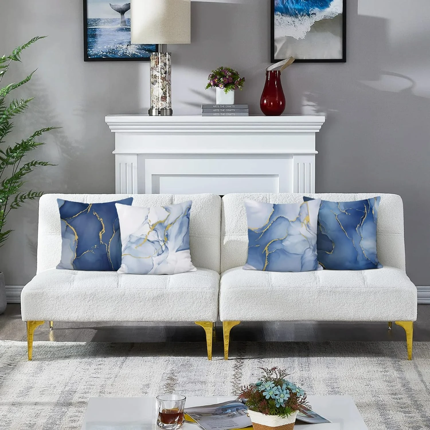 our home decor.	Transform your home with these stunning and chic blue and gold velvet abstract marble throw pillow covers. With 