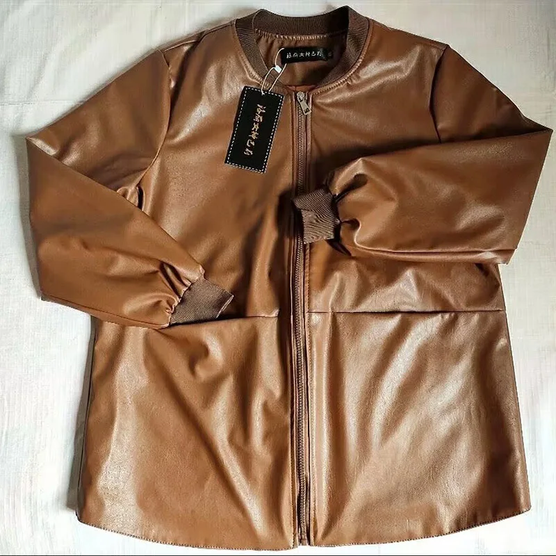 

Spring Autumn Women Round Neck Faux Leather Top Ladies Medium Long Styles Jacket Korean Female Large Size 7XL PU Leather Coat