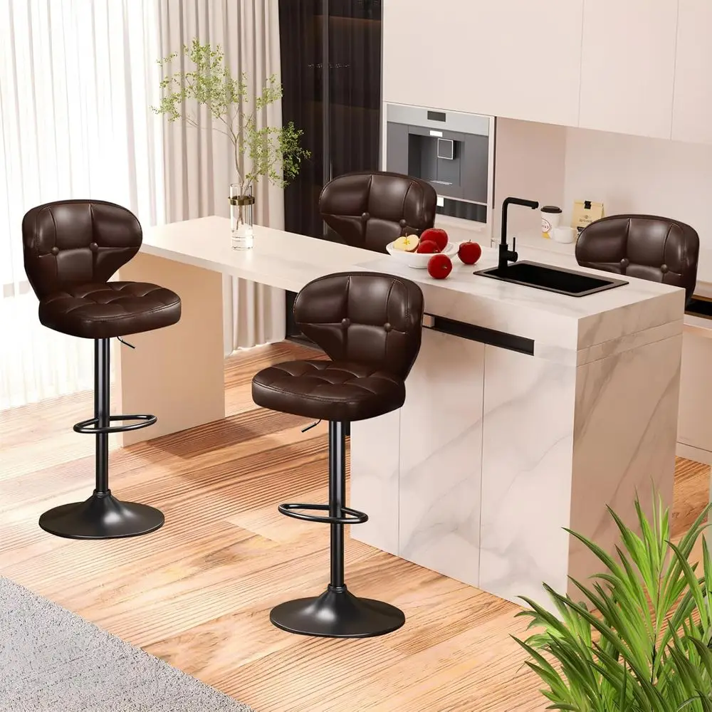 

Set of 4 Adjustable Swivel Bar Stools, Counter Height Chairs with Back and Footrest, Padded PU Leather Seats, Metal Base, Brown