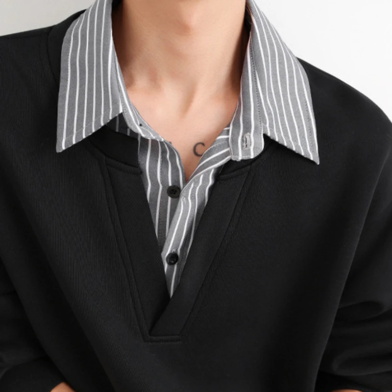 2025 Fake Two Piece Anti-Wrinkle Long Sleeve T-Shirts Men Y2K Contrast Color Lapel Pullovers Male American Street Men's Clothes