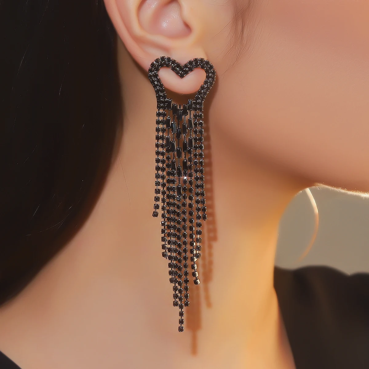 Retro trend black electrophoresis inlaid diamond love long tassel earrings female fashion personality temperament match earrings