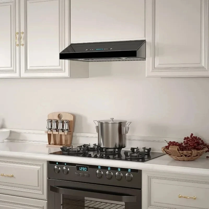 Under Cabinet Range Hood 900 CFM Ducted Range Hood with 4 Speed Fan, Black Stainless Steel & Tempered Glass Range Hood