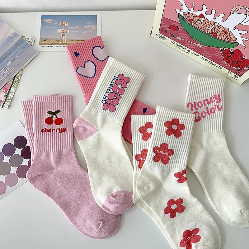 Pink Flower Women Socks Fashion Cute Sweet Harajuku Cotton Socks Casual Korea Japanese Kawaii Girls Calcetines