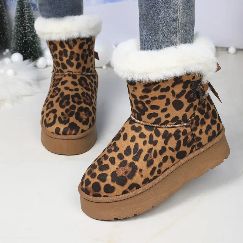 

Leopard Print Women Snow Ankle Boots Fur Warm Botas Mujer Cotton Shoes Winter Trend Plush Flats Platform Walking Chelsea Boots