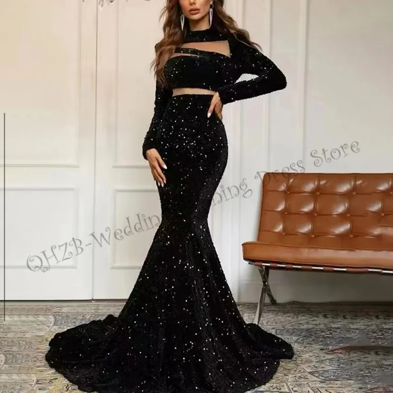 Fashion Sexy O-Neck Black Court Train Long Sleeve Sequined Crop Top Mermaid / Trumpet Formal Evening Dresses