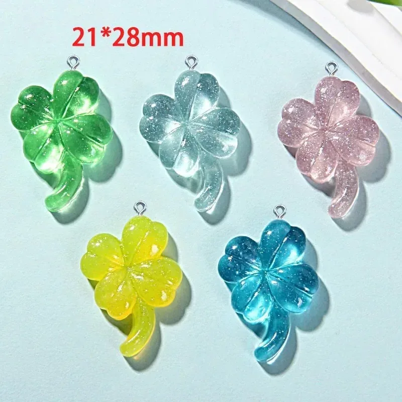 10Pcs Cute Clear Glitter Four Leaf Clover Resin Charms, Pendants DIY Supplies for Earrings Necklaces Jewelry Making
