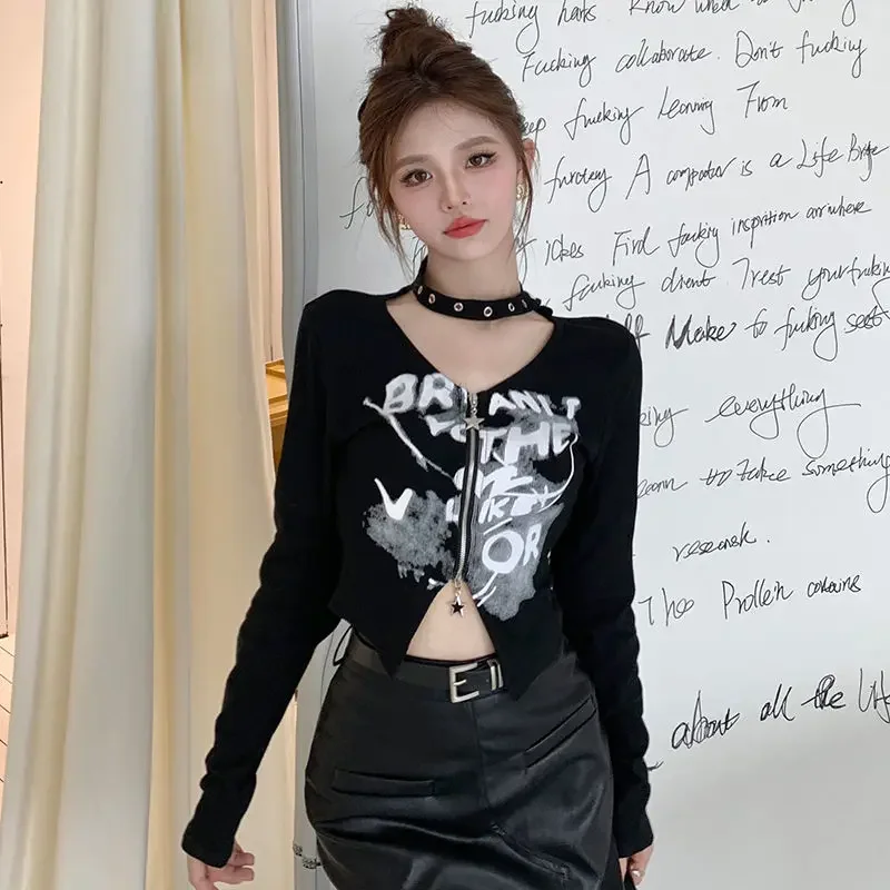 Hollow Out Halter Long Sleeve Tshirt Zipper Printed Garphic Slim Fit Tee Shirt Casual All-match Crop Top Y2k Aesthetic Clothes