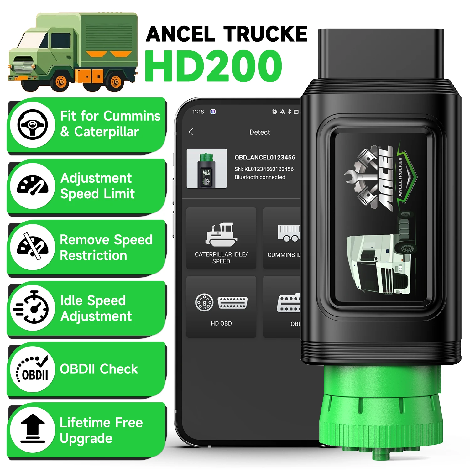 Heavy Duty Truck Scanner Speed Limit Reset ANCEL HD200 for Cummins & Caterpillar Heavy Duty Truck Diagnostic Tool