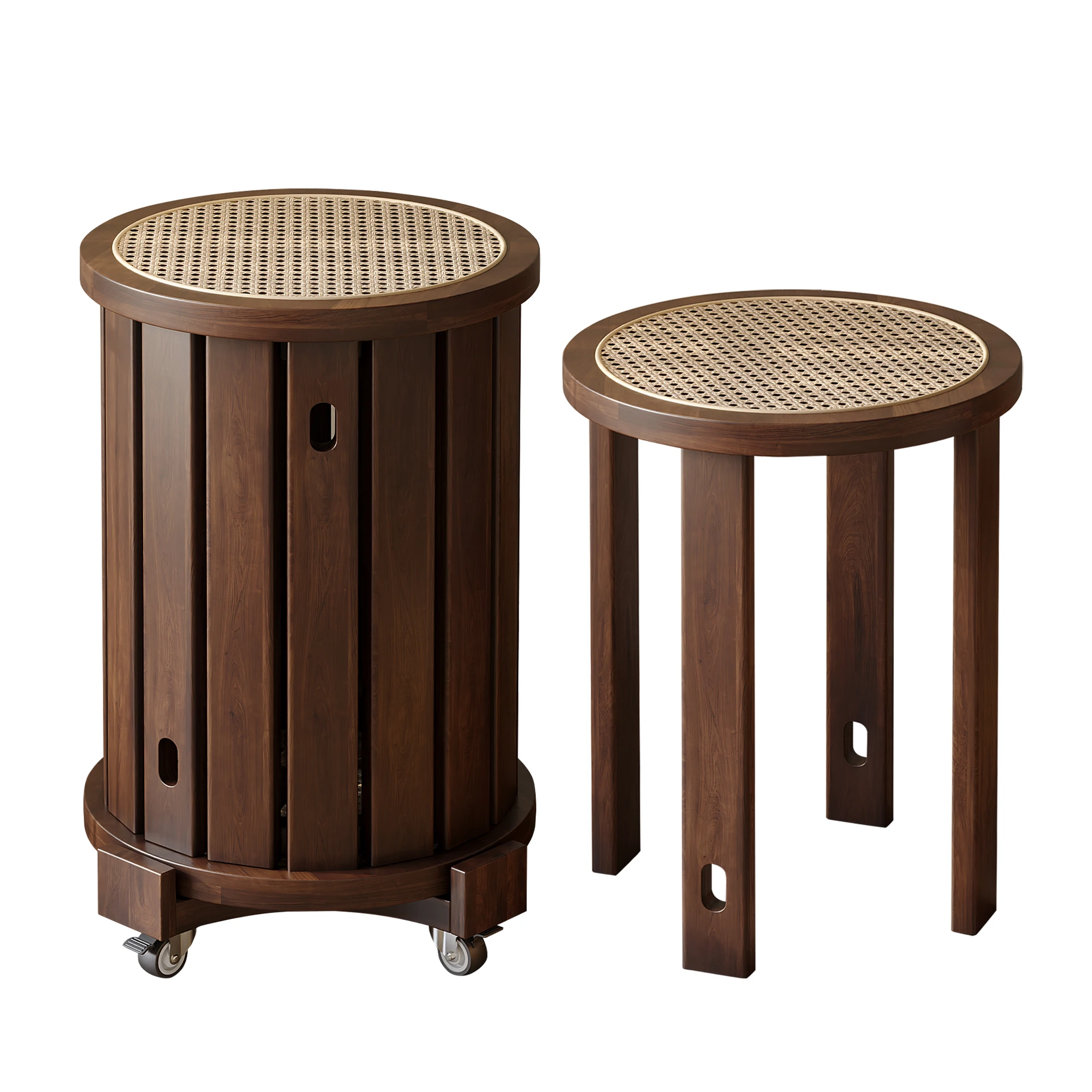 Solid wood stools for home stackable spare dining table benches, creative round benches, medieval rattan stacked