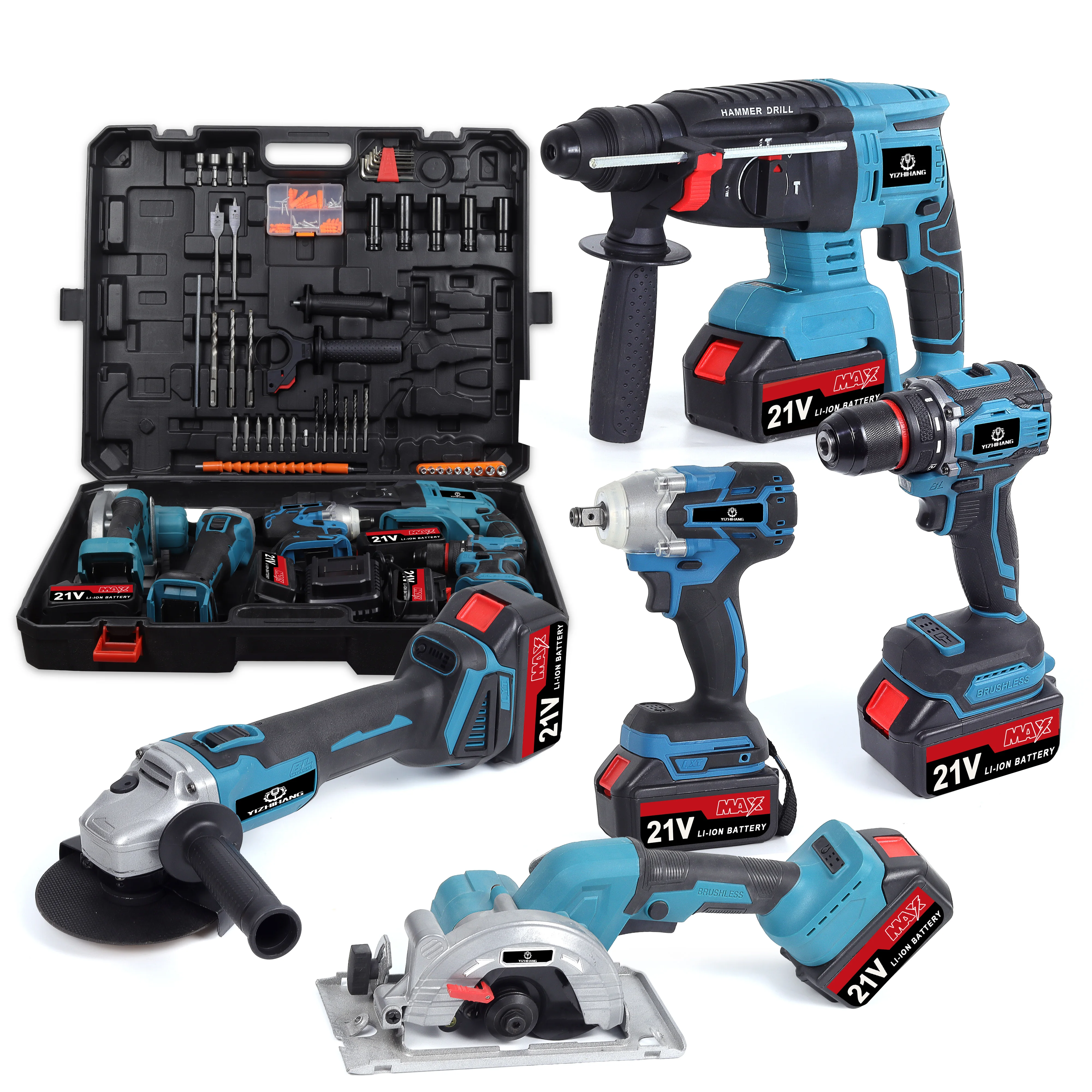 

5pcs Power Tools Kits Multifunction Cordless Power Tools Set 5 in 1 Angle Grinder Hammer Wrench Drill Circular Saw Combo Kit