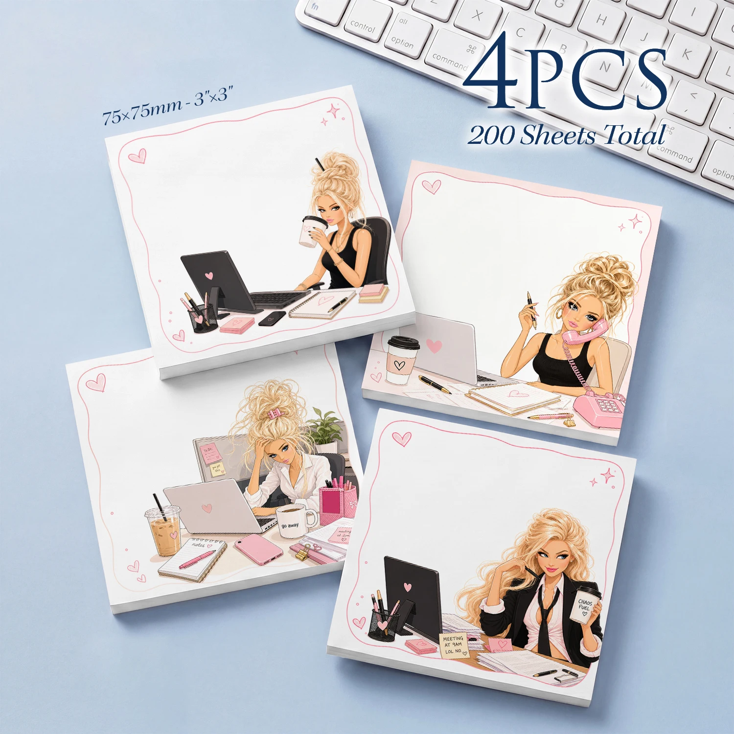 4PCS Fashion Office Sticky Notes 200 Sheets Work Desk Coffee Laptop Memo Pads Planner Reminder Self Adhesive Stationery