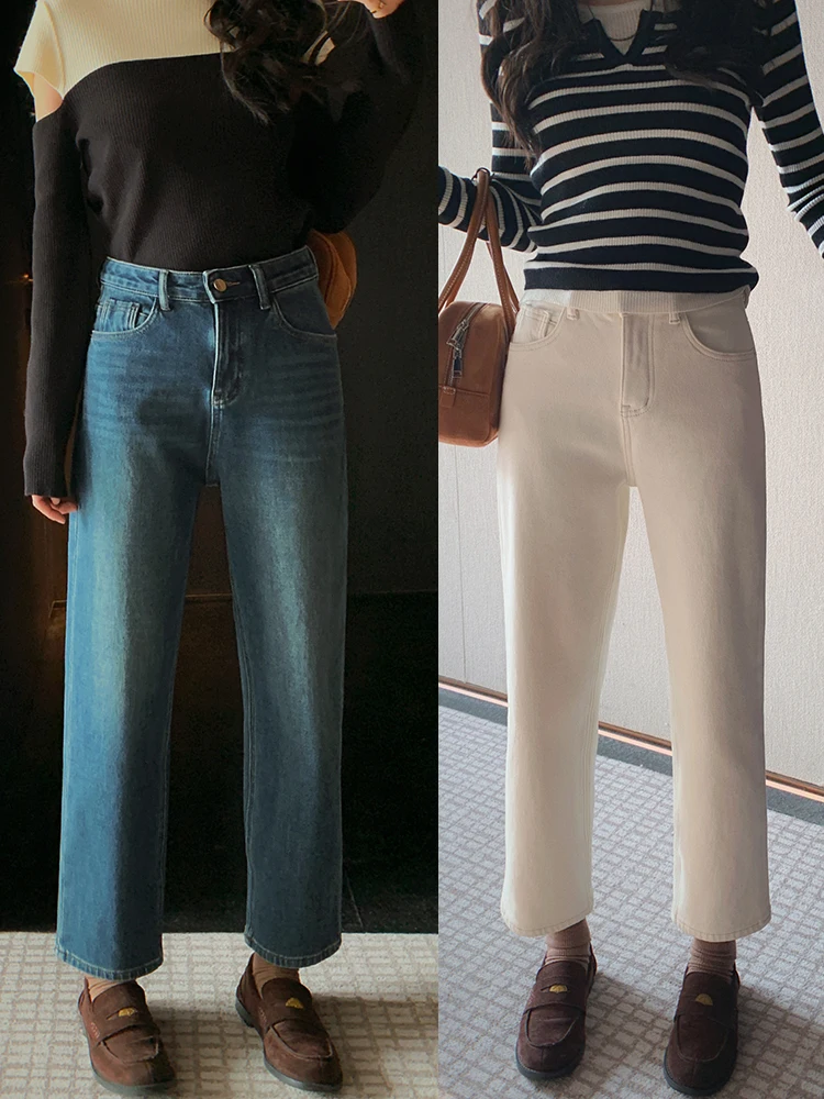 

Джинсы Bigyu осенне-зимние, тонкие, прямого кроя, с высокой талией, из денима с покрытием, повседневные, женские, премиум-качества