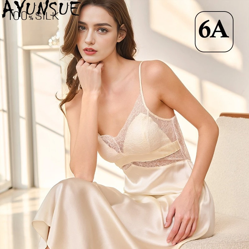 AYUNSUE 100% Real Silk Sexy Sleepwear 19MM Silk Pajama Night Dress for Women Hollow-out Lace Summer Womens Clothes Streetwear