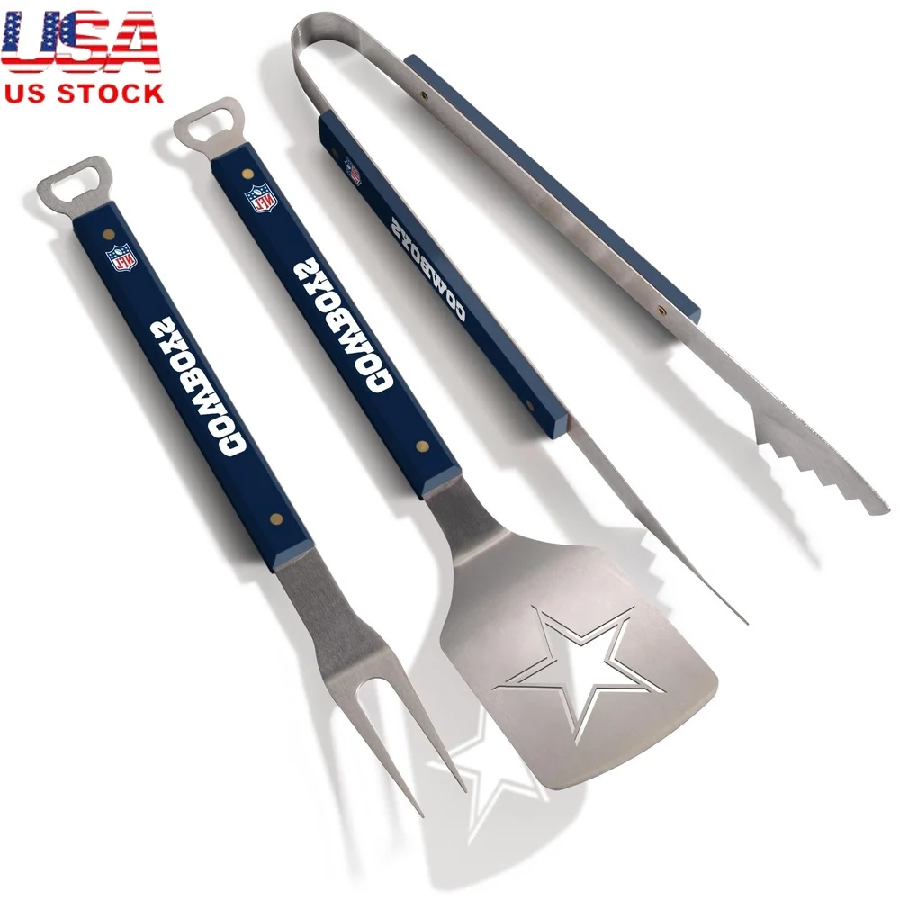 

NFL BBQ Tool Set 3pc Grill Accessories Sportula Tongs Fork Integrated Bottle Opener Stainless Steel Heavy Duty Tailgating Gift