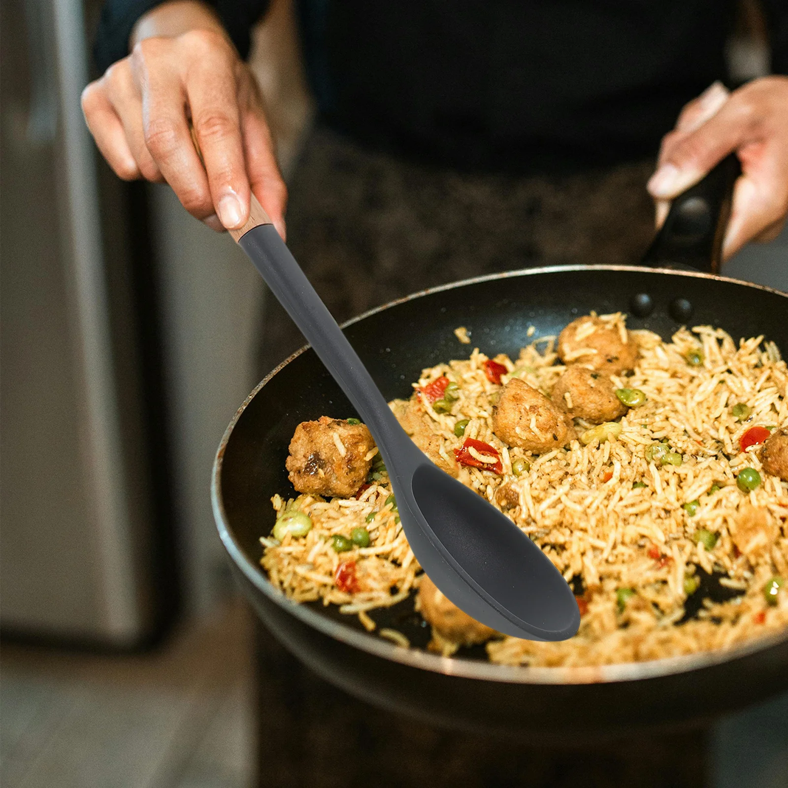 

Silicone Cooking Spoon Large Wood Handle Heat Resistant Non-Stick Kitchen Utensil Multi-Function Stirring Serving Scoop Soup