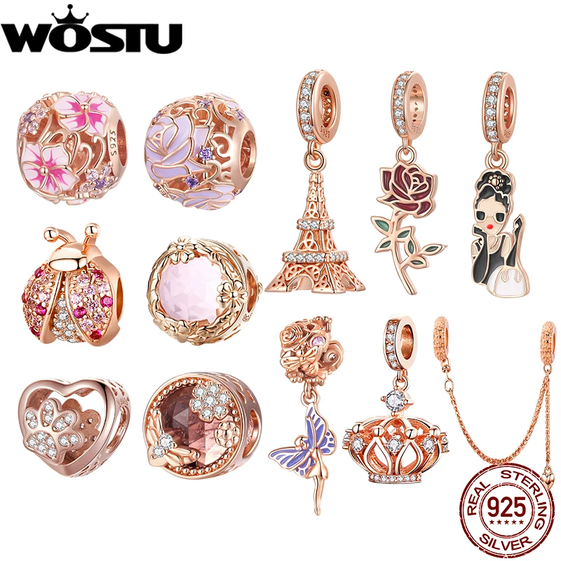 

WOSTU 925 Sterling Silver Rose Gold Eiffel Tower Charms Pendant Flower Beads fit DIY Bracelet Necklace Jewelry Making